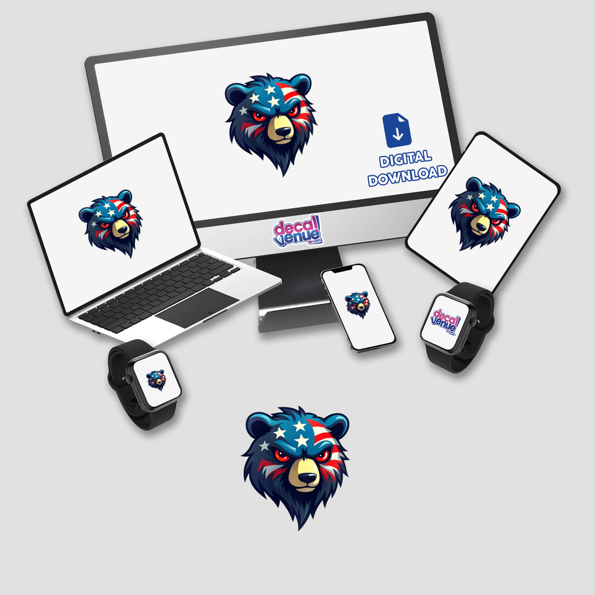 A Cool American Flag Bear digital artwork featured on a computer monitor and laptop, showcasing a bear's face adorned with stars and stripes. Available as stickers or digital artwork.