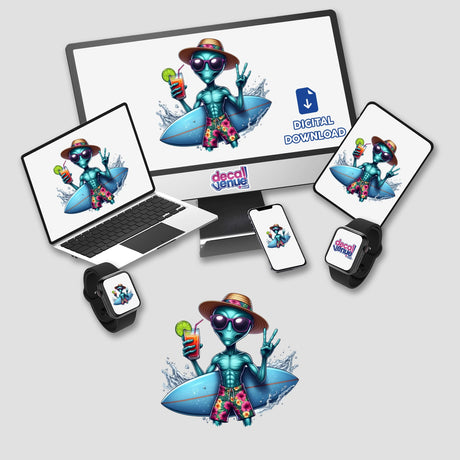 Tropical Alien Peace Out Surfer sticker featuring an alien with a drink and surfboard, displayed on a laptop and monitor. Available as vibrant digital artwork from Decal Venue.