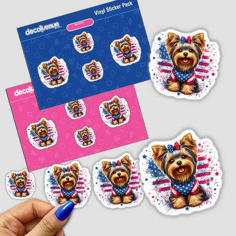 Patriotic Yorkie Dog American Flag Splatter digital artwork sticker pack featuring a cute Yorkshire Terrier dog with a bow tie and patriotic design elements like the American flag, stars, and splatter effects.