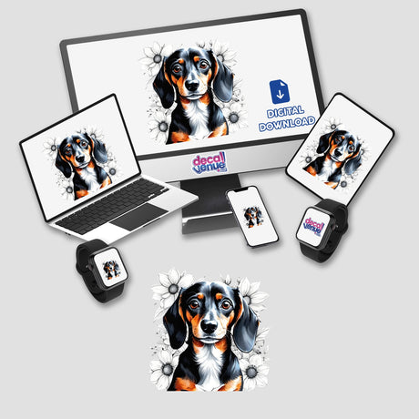 Dachshund Dog Portrait Floral Accents PA15 showcased on a computer monitor and laptop screen, highlighting a digital artwork featuring a dachshund with floral background. Available as stickers or digital artwork.