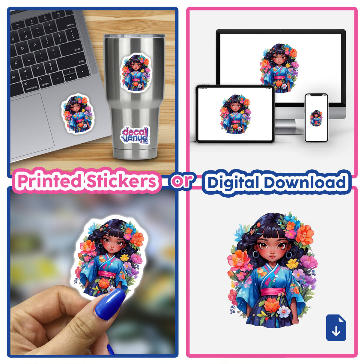 Collage featuring a cartoon black Japanese girl in a blue kimono with flowers in her hair, available as stickers or digital artwork.