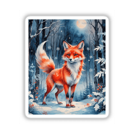 A Red Fox In A Winter Forest painting, available as stickers or digital artwork, depicting a fox amidst snowy woodland, embodying Decal Venue's unique vinyl and digital art offerings.