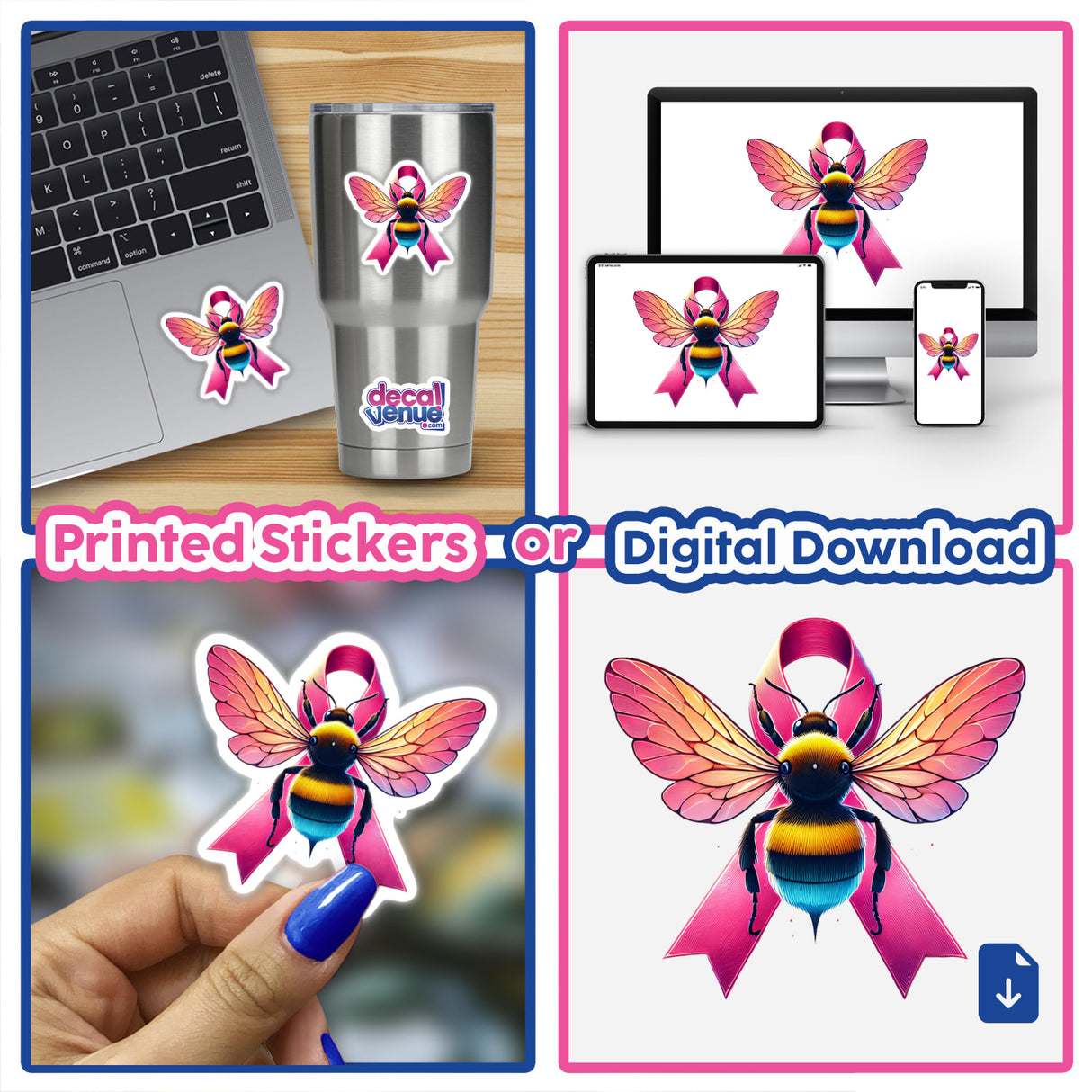 Sticker collage featuring Bumblebee Pink Ribbon Breast Cancer designs on laptops and phones, highlighting a hand holding a sticker of a bee with pink ribbon. Available as stickers or digital artwork.