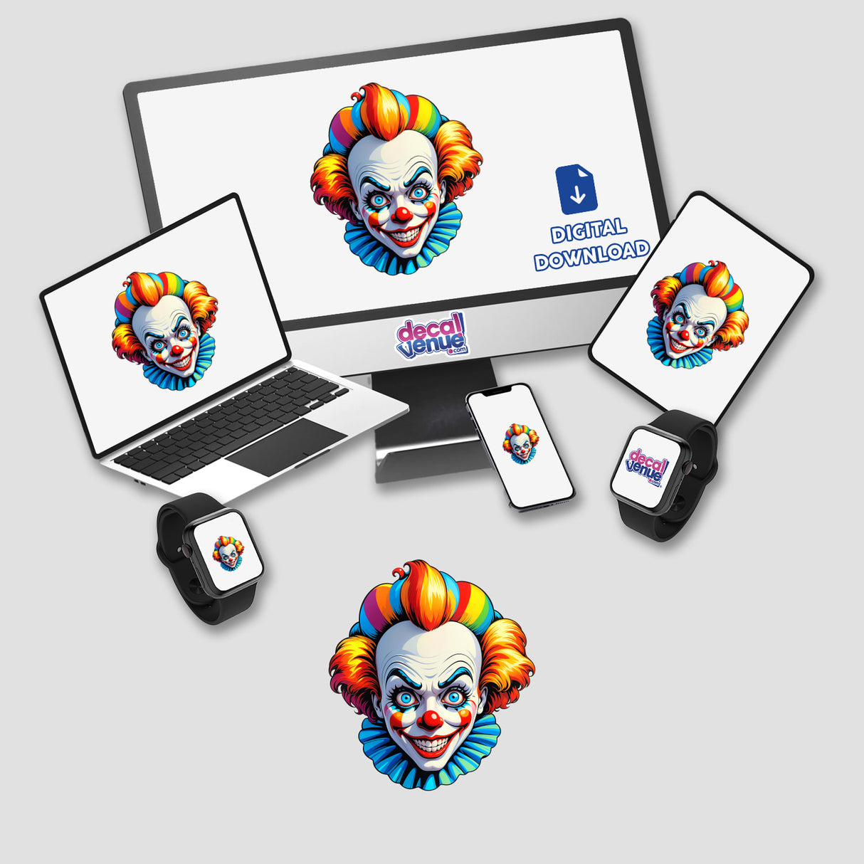 A Crazy Clown Girl depicted on a computer monitor and laptop screen, showcasing vibrant, playful clown faces. Available as stickers or digital artwork from Decal Venue.