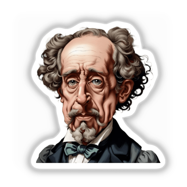 Charles Dickens Caricature Clipart featuring a detailed cartoon of the author with exaggerated facial features, available as stickers or digital artwork for commercial use.