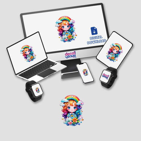 Rainbow & Stars Little Girl Sticker displayed on various devices including a laptop and monitor, featuring a cartoon girl with rainbow hair and flowers. Available as stickers or digital artwork.