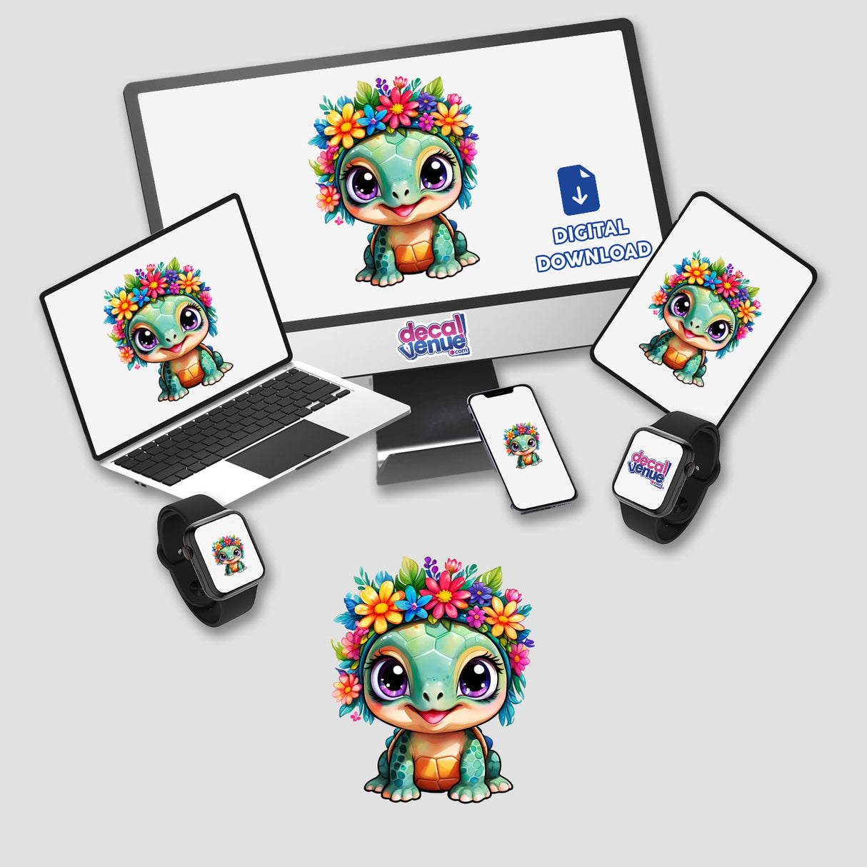 Flower Crowned Turtle: Cute Baby Turtle with Floral Splash displayed on a computer monitor and laptop, showcasing the sticker or digital artwork available at Decal Venue.