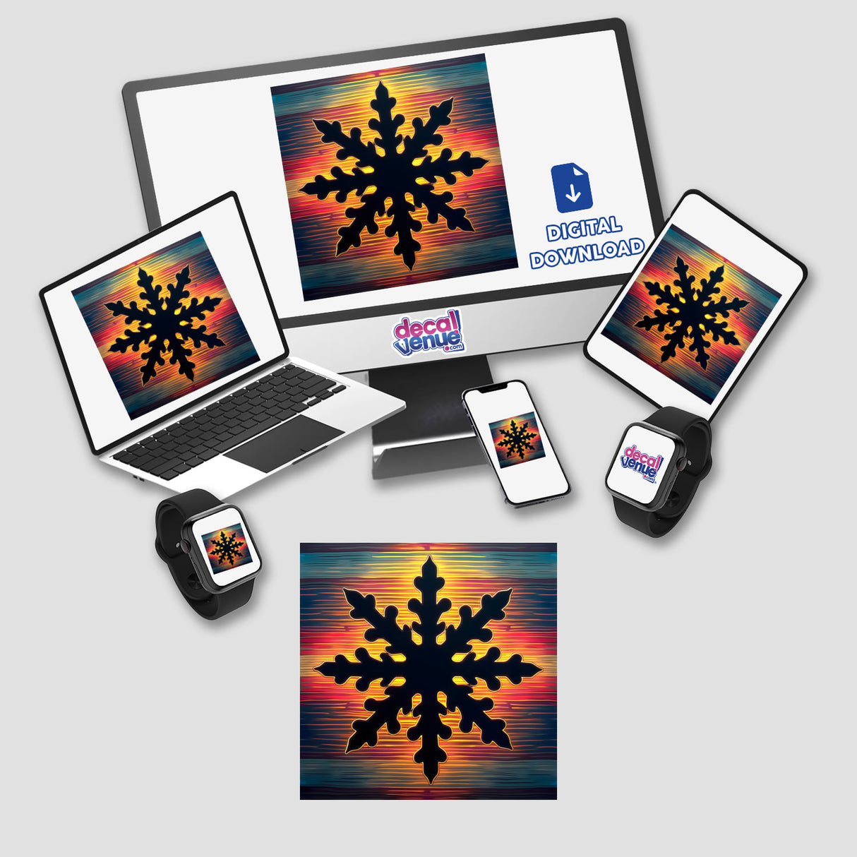 Snowflake Silhouette with Vibrant Stripes Christmas design displayed on various devices including a monitor, laptop, tablet, and smartwatch, available as stickers or digital artwork.