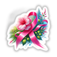 Blooming Flower with Breast Cancer Pink Ribbon: A detailed illustration of a pink ribbon intertwined with a flower, available as stickers or digital artwork.