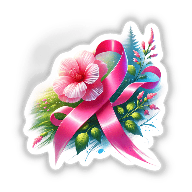 Blooming Flower with Breast Cancer Pink Ribbon: A detailed illustration of a pink ribbon intertwined with a flower, available as stickers or digital artwork.