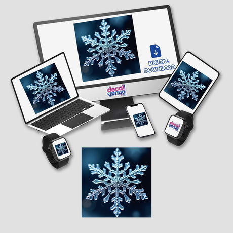 Elegant Snowflake Envelope Seal Stickers – Winter Wonderland Stationery displayed on a computer monitor and laptop screen, showcasing intricate snowflake designs for unique stickers and digital artwork by Decal Venue.