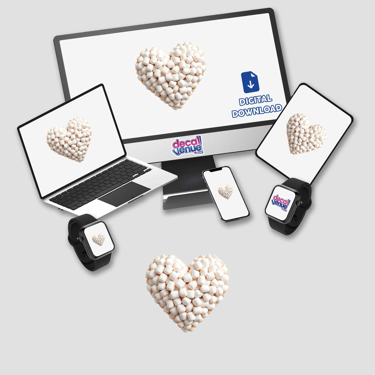 Marshmallow Heart digital artwork showing heart-shaped marshmallows displayed on a laptop and tablet screens, ideal as stickers or digital art from Decal Venue.