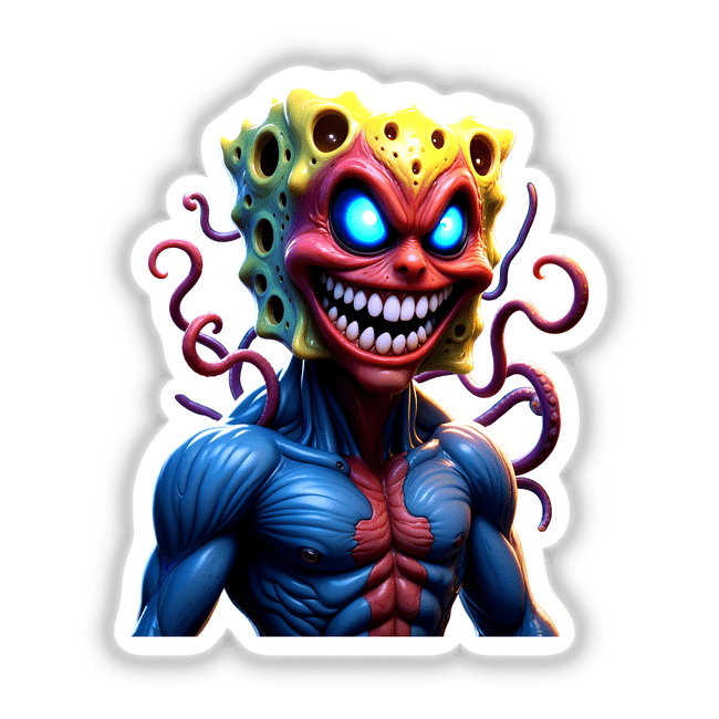 Alien Mutant Superhero Villain sticker featuring a cartoon character with a large mouth, blue eyes, and tentacles, showcasing an animated and dynamic style, available as stickers or digital artwork.