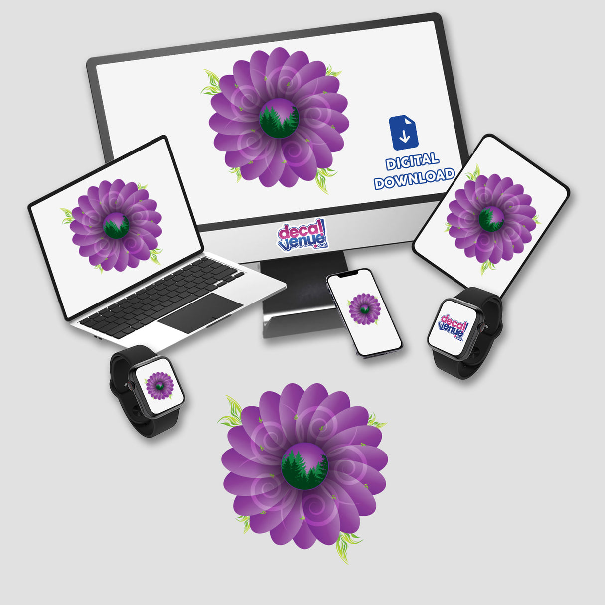 Vibrant purple dahlia flowers adorning digital devices and products from Decal Venue, an online store offering unique stickers and digital artwork.