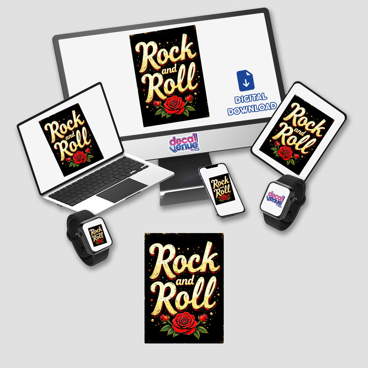 Rock 'n Roll Roses digital artwork featuring a computer monitor, laptop, and phone displaying rose-themed designs, available as unique stickers at Decal Venue.