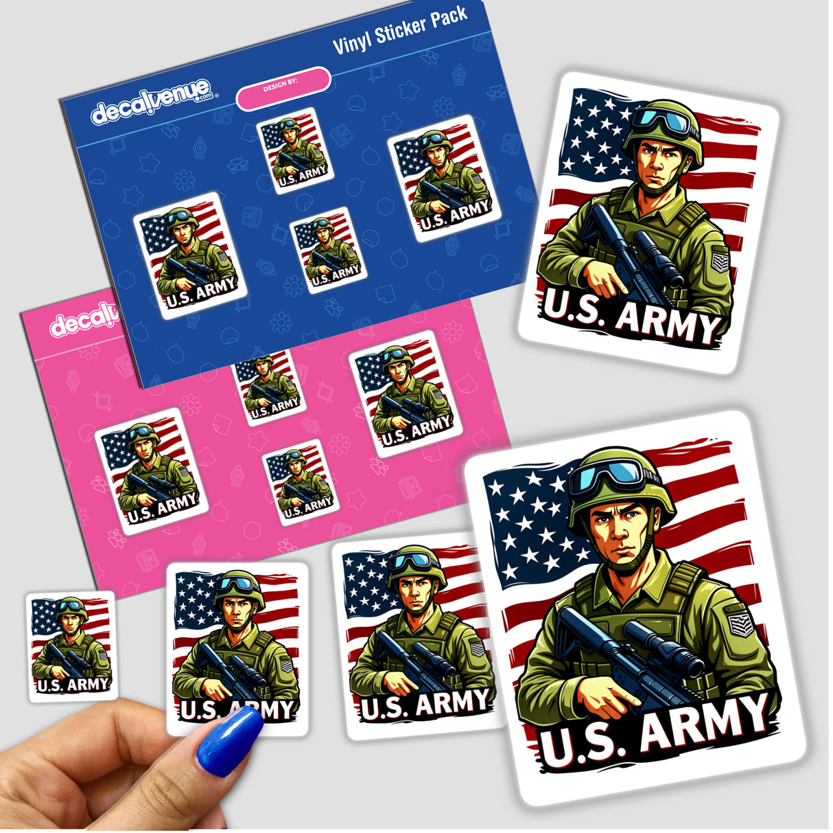 U.S. Army - American Soldier With Flag sticker featuring military personnel in uniform, holding guns, alongside an American flag design. Available as a unique vinyl sticker or digital artwork.