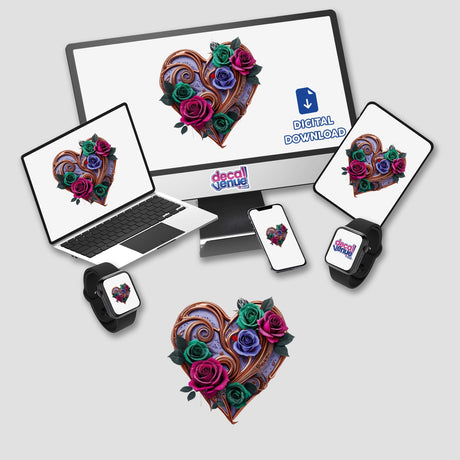 Bronze Swirl Heart with Green, Pink, and Purple Roses displayed on a computer monitor and laptop, showcasing its vibrant digital artwork. Available as stickers or digital downloads from Decal Venue.