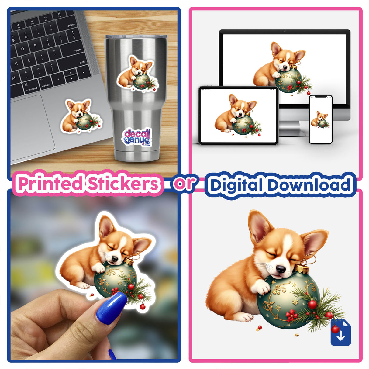 Corgi Sleeping on Christmas Ornament collage featuring a cartoon dog hugging and holding a Christmas ball, available as stickers or digital artwork from Decal Venue.