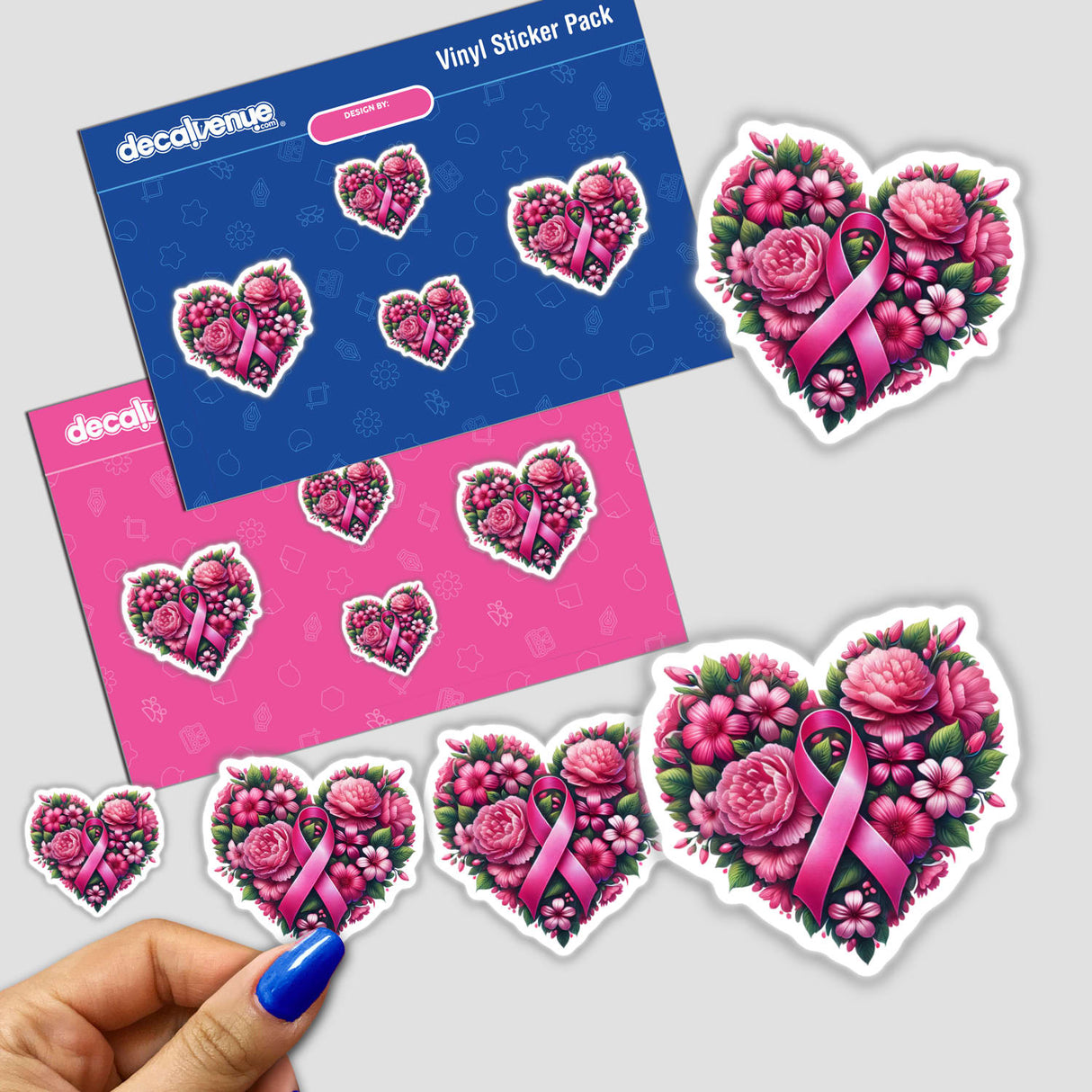 Floral Heart and Pink Ribbon Breast Cancer sticker featuring flowers and hearts, available as a sticker or digital artwork.