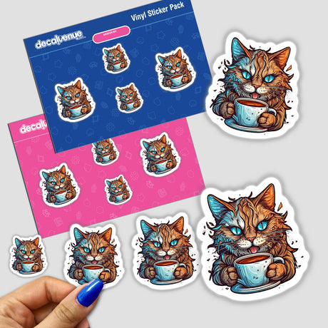 Colorful stickers featuring an adorable, coffee-drinking cat character with expressive eyes and an engaging expression, surrounded by a vibrant background pattern and packaging from the Decal Venue store.