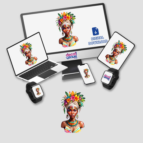 Mesmerizing African Tribal Woman Floral Headdress Sticker - Stunning Portrait featuring a detailed computer monitor and laptop with a vibrant digital artwork of a woman adorned in a colorful floral headdress.