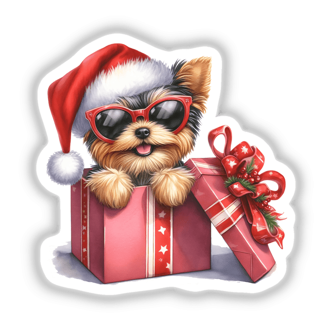 Christmas Lights Santa Sunglasses Yorkie Dog in Gift Box, showcasing a cartoon Yorkie wearing sunglasses and a Santa hat, available as stickers or digital artwork from Decal Venue.