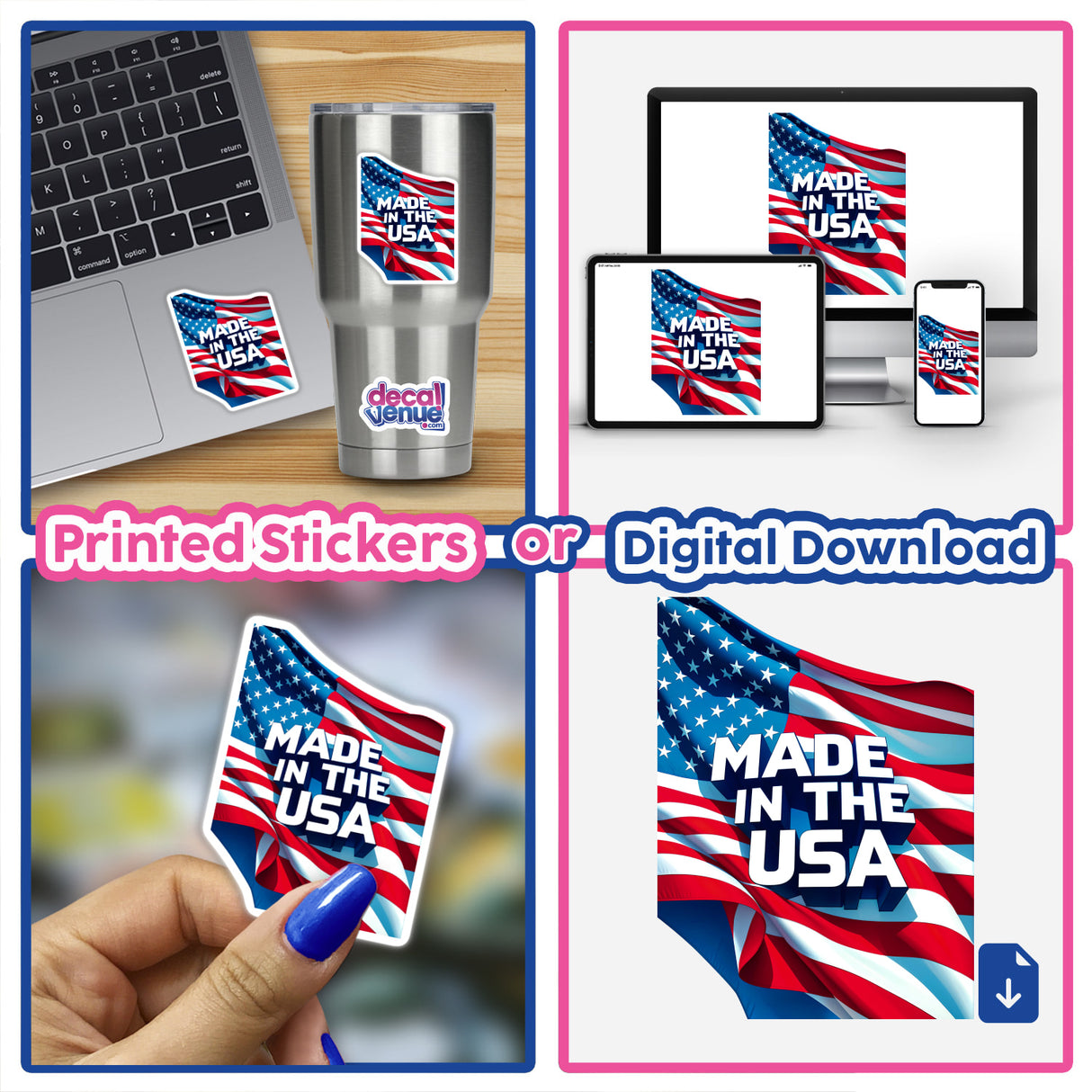 Collage featuring Made In The USA American Flag stickers and digital download, highlighting a flag design on laptops, cups, and more. Perfect for showcasing patriotic spirit.