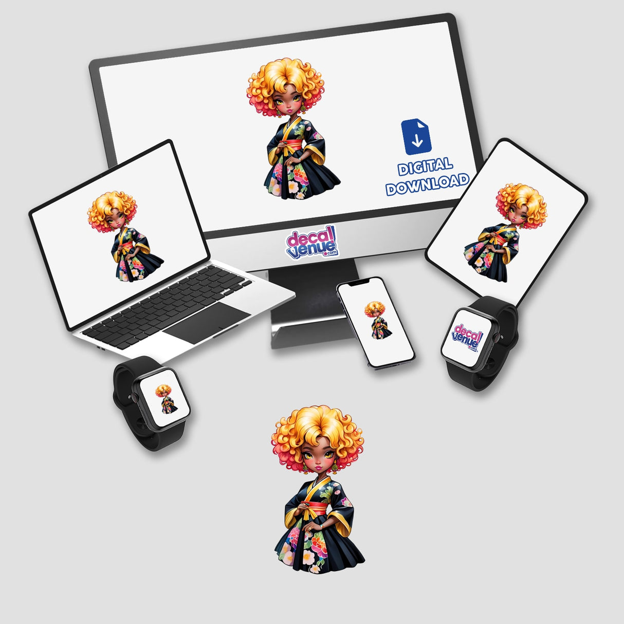 Sticker Design: Afro Geisha Girl in a Fusion of Cultures and Styles displayed on a computer monitor and laptop screen with cartoon characters. Available as stickers or digital artwork.