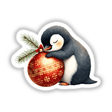 Penguin Sleeping on Christmas Ornament, available as stickers or digital artwork, featuring a cartoon penguin cuddling a festive red and gold ornament.