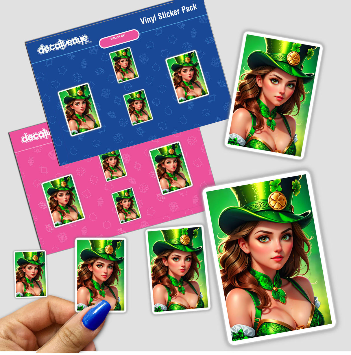 a hand holding a sticker with a picture of a girl in a green hat