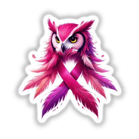 Owl Pink Ribbon Breast Cancer sticker featuring a pink and purple cartoon owl with feathers and a ribbon, available as stickers or digital artwork.