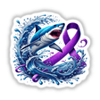 Shark Purple Awareness Ribbon illustration featuring a shark leaping from water adorned with a purple ribbon, available as stickers or digital artwork from Decal Venue.