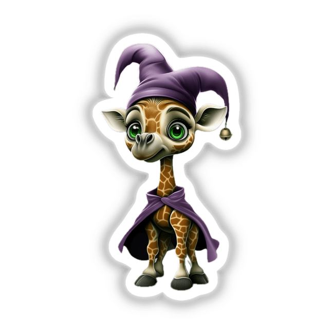 Whimsical Giraffe in Jester Hat and Purple Cape, featuring a cartoon giraffe with big eyes and playful attire, available as stickers or digital artwork from Decal Venue.