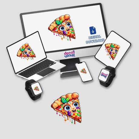 Trippy Melting Pizza: Psychedelic Sticker displayed on various devices, including a laptop and a smartwatch, showing a cartoon pizza slice with a face. Available as stickers or digital artwork.