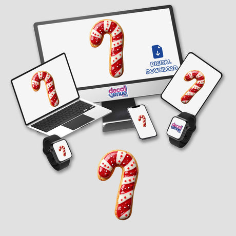 Festive Candy Cane Christmas Cookie displayed with tech devices, including a laptop and monitor, emphasizing its availability as stickers or digital artwork from Decal Venue.