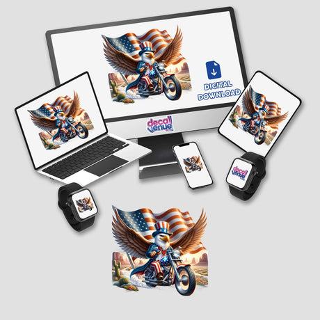 Patriotic eagle riding motorcycle in desert, available as stickers or digital download format from Decal Venue, an online store offering unique digital artwork and stickers created by talented designers.