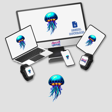 Blue Jellyfish design displayed on a computer monitor and laptop screen, available as unique stickers or digital artwork from Decal Venue, emphasizing creativity and aquatic-themed visuals.