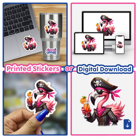 Flamingo pirate with tropical drink - vibrant digital artwork available as printed stickers or digital download from Decal Venue, an online store offering unique stickers and digital art.