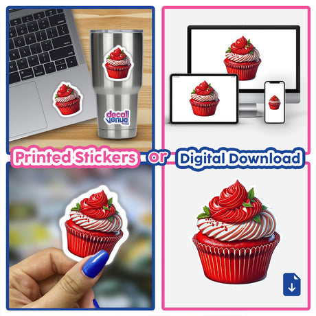 Red velvet cupcake with rich buttercream frosting and vibrant red decorations, available as a digital download or printed sticker from Decal Venue.