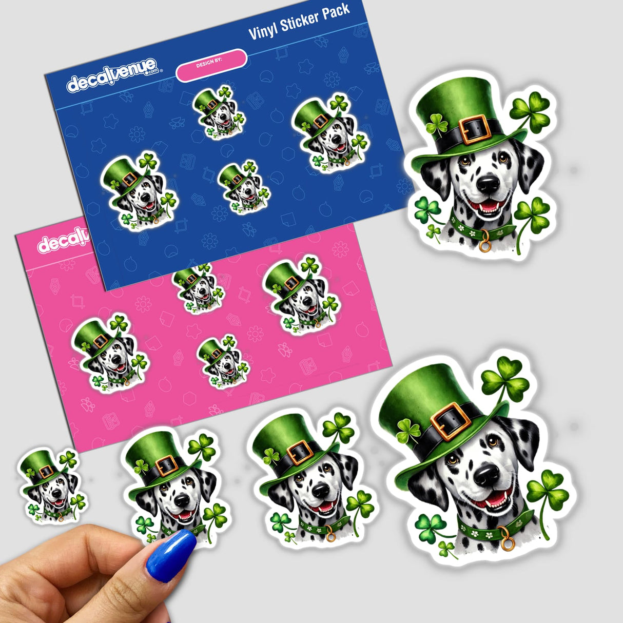 Stickers featuring a St Patricks Day Leprechaun Dalmatian Dog with clovers, showcasing a whimsical cartoon design. Available as stickers or digital artwork from Decal Venue.