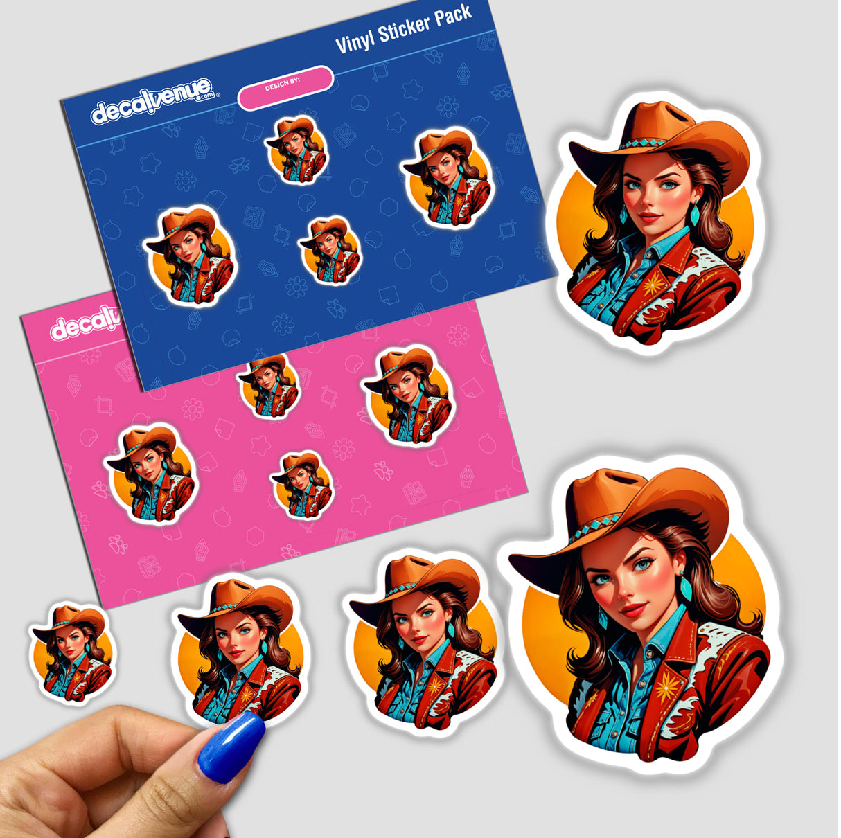 Sticker titled A Cute American Cowgirl featuring a cartoon woman in a cowboy hat, smiling. Available as a sticker or digital art, aligning with Decal Venue's unique collection.