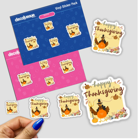 Thanksgiving Greetings sticker pack featuring turkeys and pumpkins, held in a hand with blue nail polish, available as stickers or digital artwork from Decal Venue.