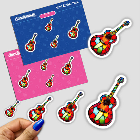 Guitar Stained Glass Style sticker held by a hand, showcasing intricate design available as stickers or digital artwork, reflecting Decal Venue's unique flair in stickers and digital art.