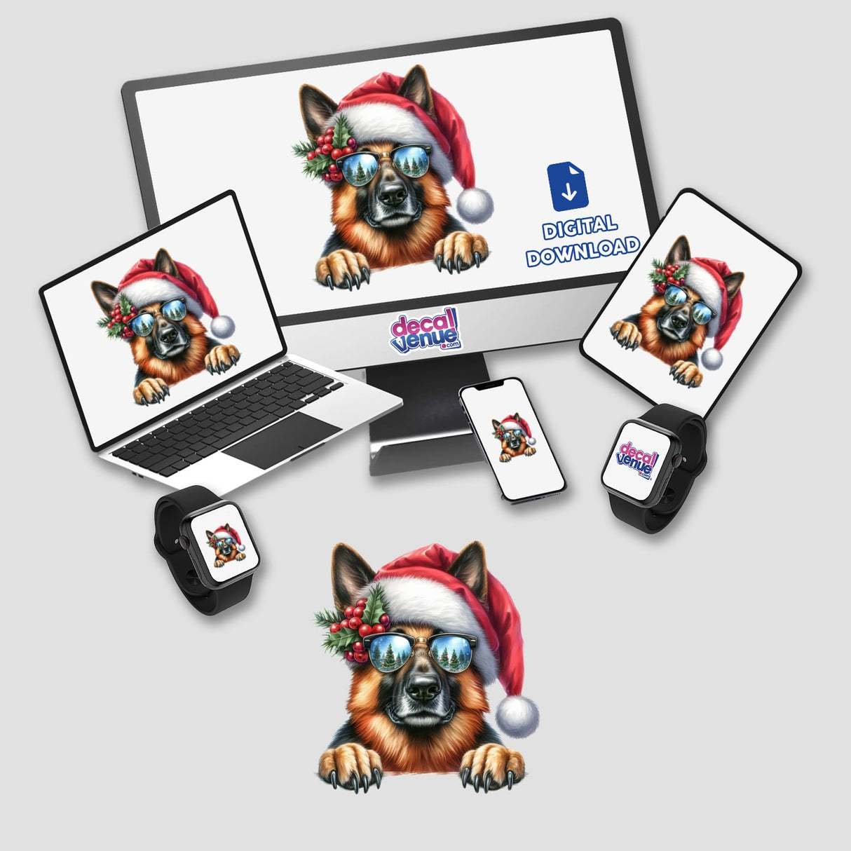 Resting Christmas Santa German Shepherd Mistletoe Dog depicted in digital artwork on a laptop screen, featuring a dog in a Santa hat and sunglasses, available as stickers or digital artwork.