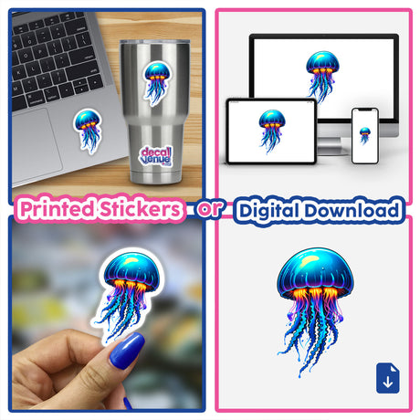 Collage featuring a blue jellyfish with orange tentacles as both a sticker on a laptop keyboard and digital artwork on a computer screen.