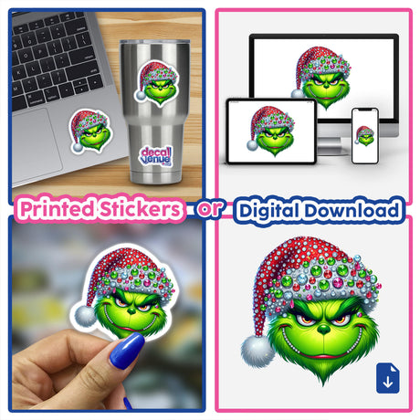 Bling Green Grouch Christmas Santa in a collage, featuring a cartoonish green character with a gem-studded hat. Available as stickers or digital artwork from Decal Venue.