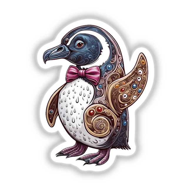 Elegant Penguin with Decorative Patterns and Pink Bow Tie cartoon illustration, available as stickers or digital artwork from Decal Venue, showcasing unique vinyl sticker design with intricate details.