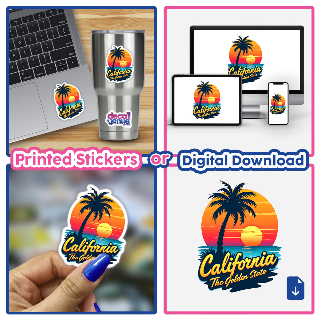 Collage featuring California The Golden State decals on a laptop; includes palm tree and sunset motifs. Stickers or digital artwork available at Decal Venue, known for unique designs.