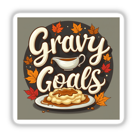 Gravy Goals Thanksgiving Sticker & Clipart features a plate with gravy and a gravy boat, ideal for festive projects. Available as stickers or digital artwork with commercial rights.