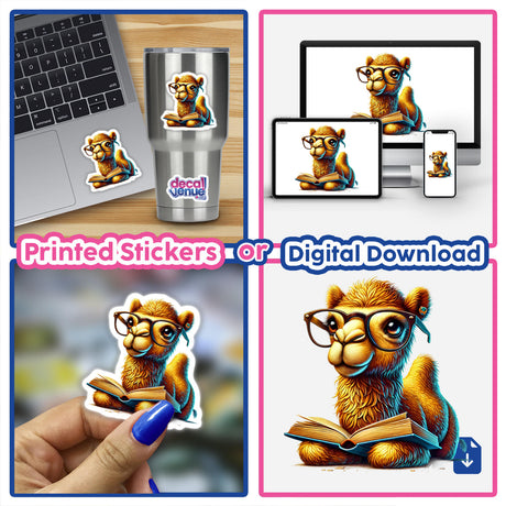 Camel in Reading Glasses Open Book, featuring a cartoon camel with glasses engrossed in a book, available as stickers or digital artwork from Decal Venue.